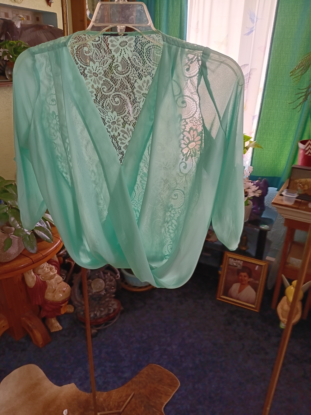 Sheer Mint Green Lace Wrap Blouse